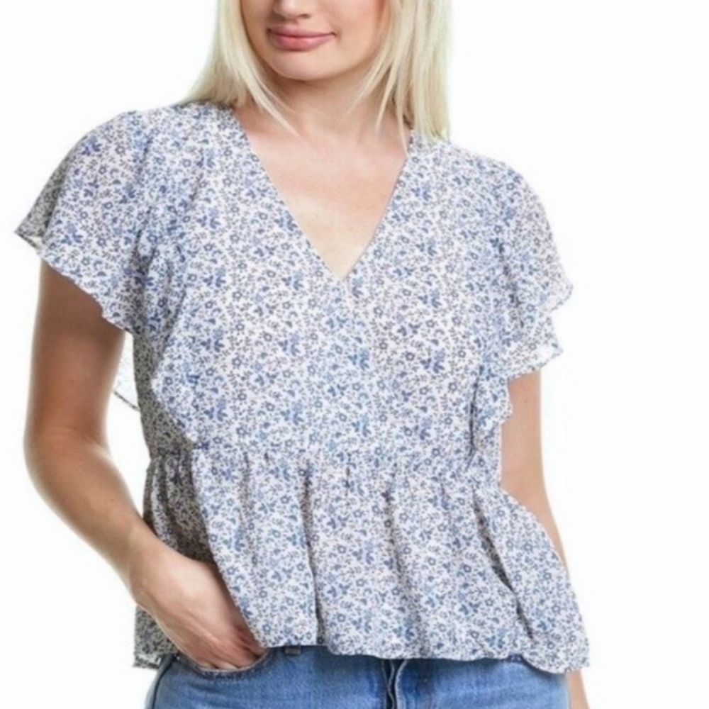 Madewell Top Georgette Ruffle Sleeve Peplum American Floral Blouse